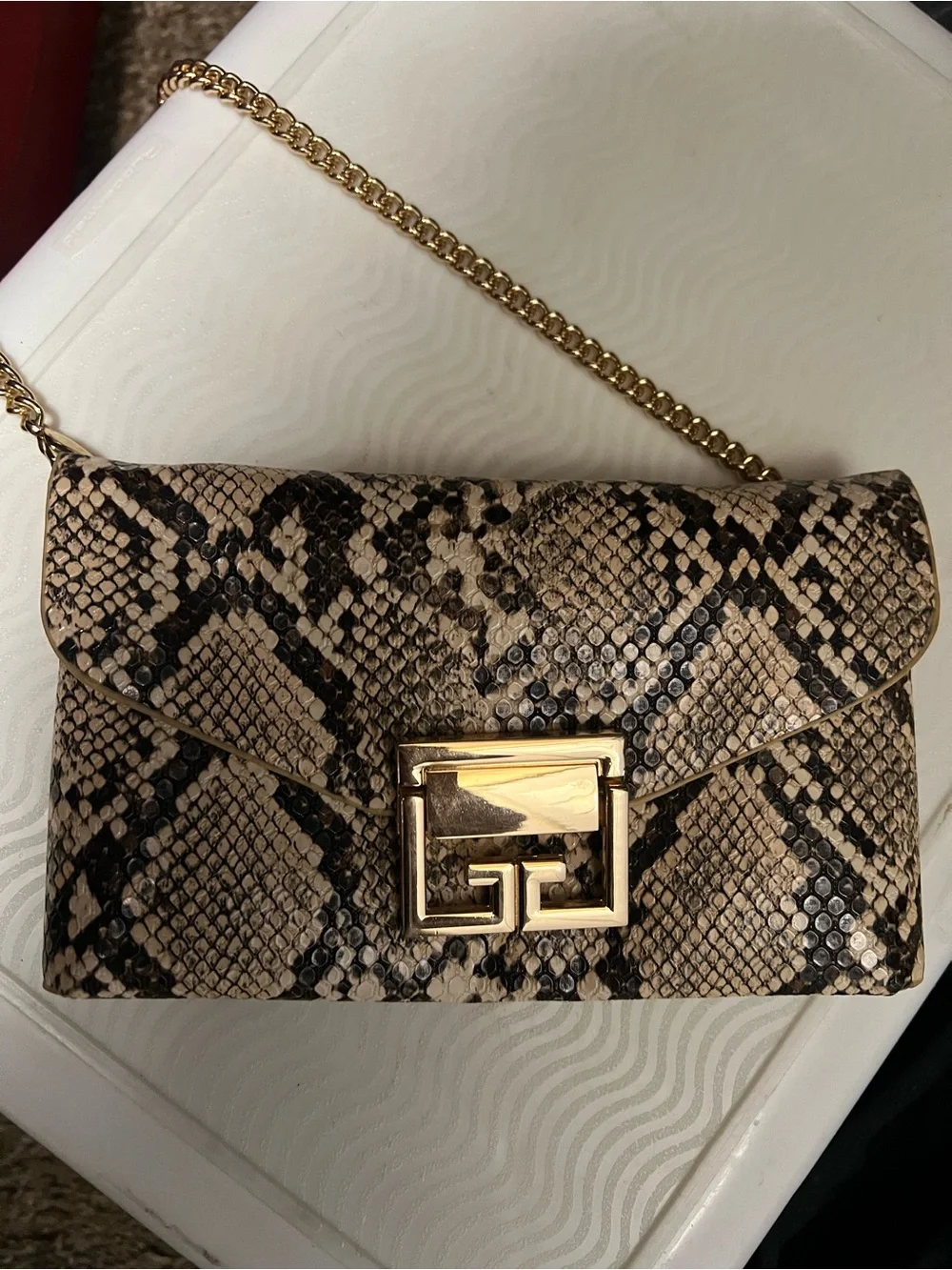 Snake Print Chain Clutch in Beige and Black with Gold Hardware